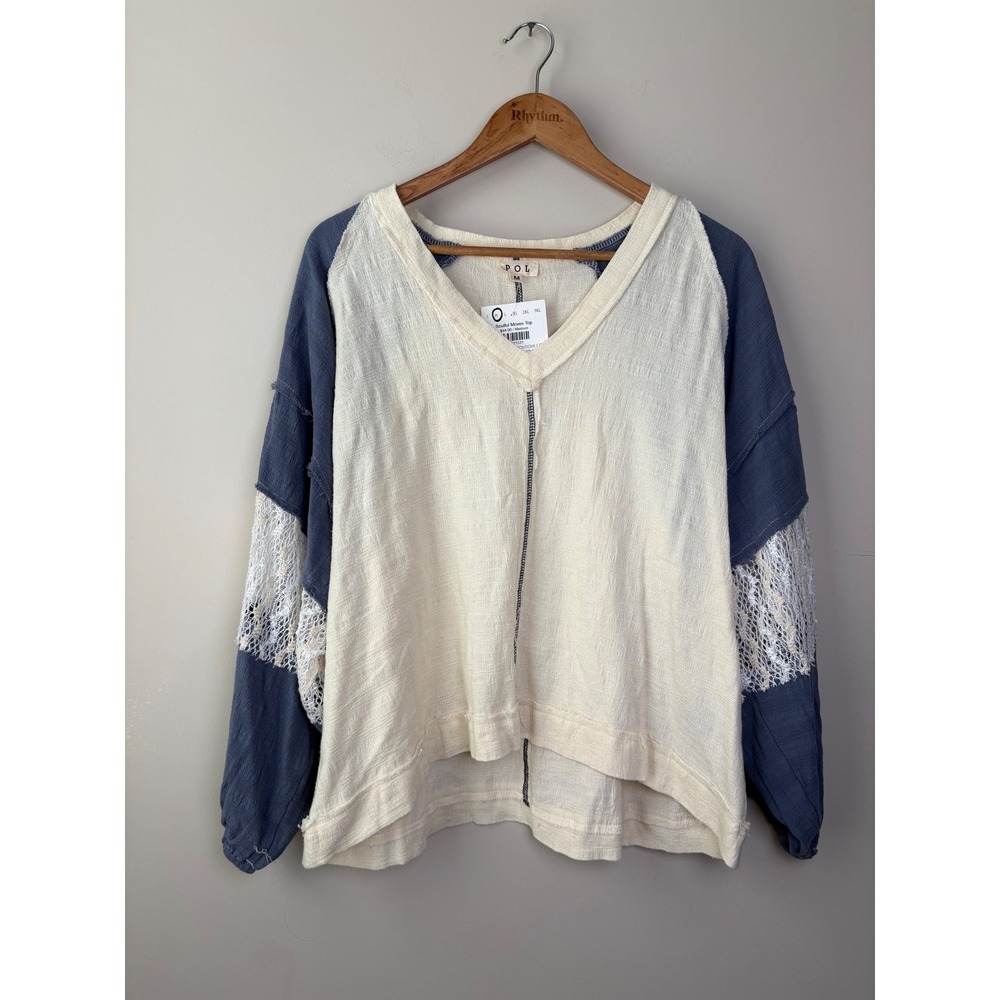 POL Soulful Moves Top Cream Blue Crochet Lace Boho Gauze Blouse UKT293 New M